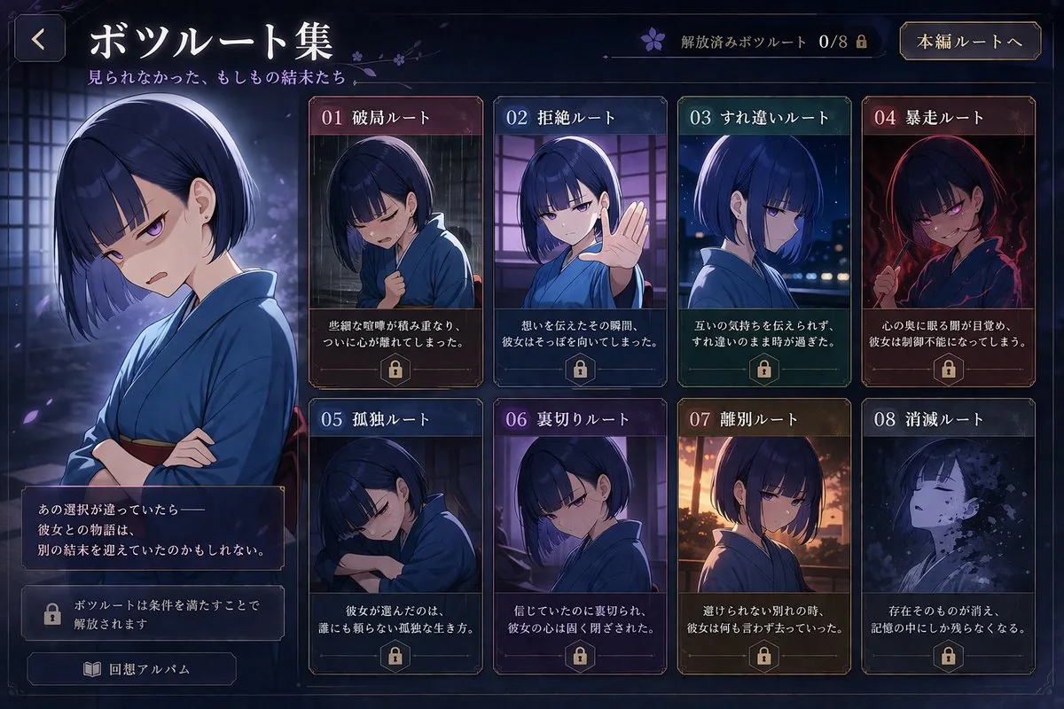 Visual Novel Rejected Routes UI reference