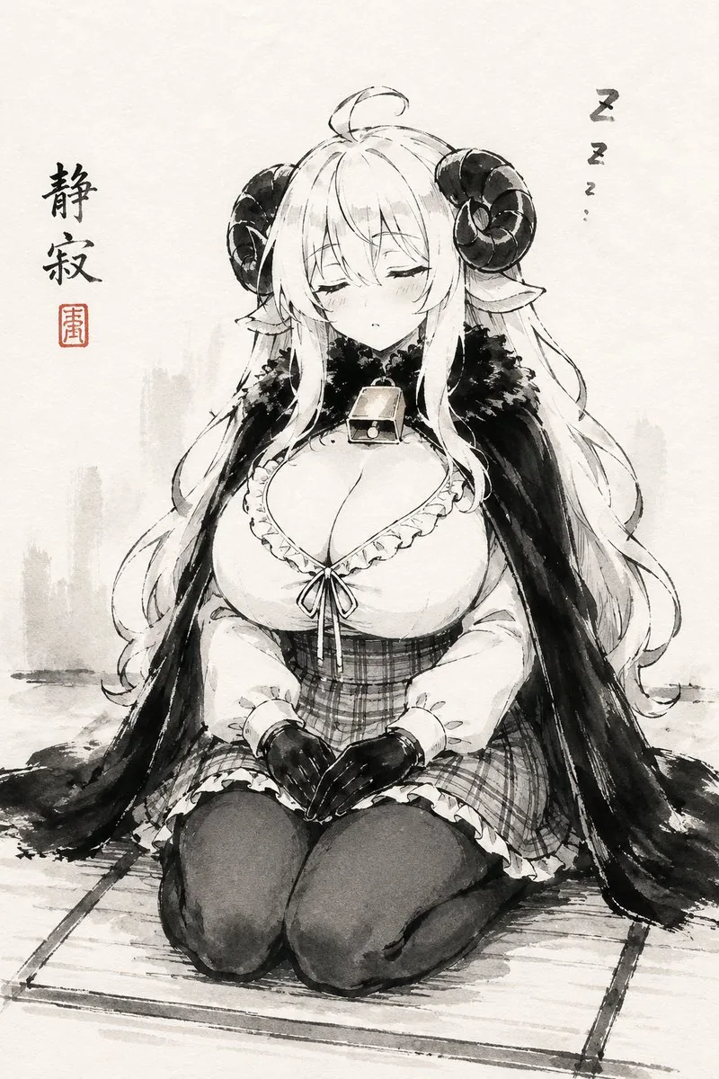 Sleepy Sheep Girl Sumi-e reference