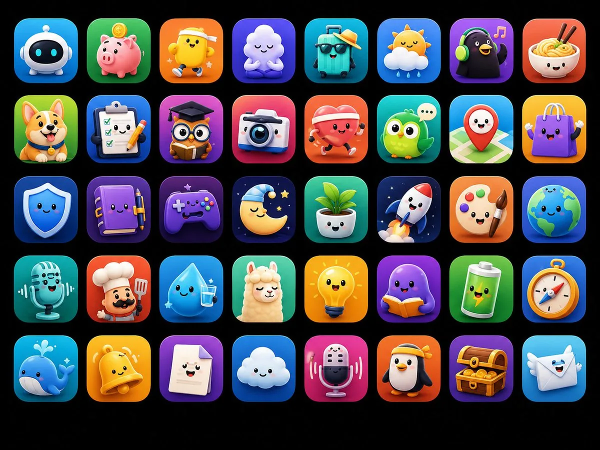 Cute 3D App Mascot Icon Grid reference