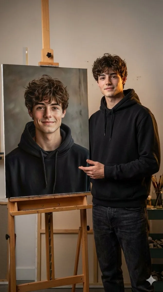 Hyper-realistic portrait with a painting of the subject reference