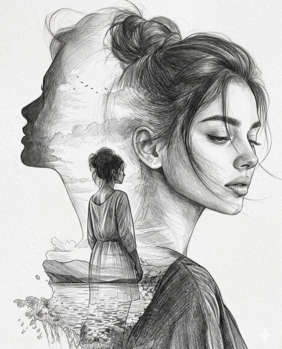Double Exposure Pencil Sketch Portrait reference