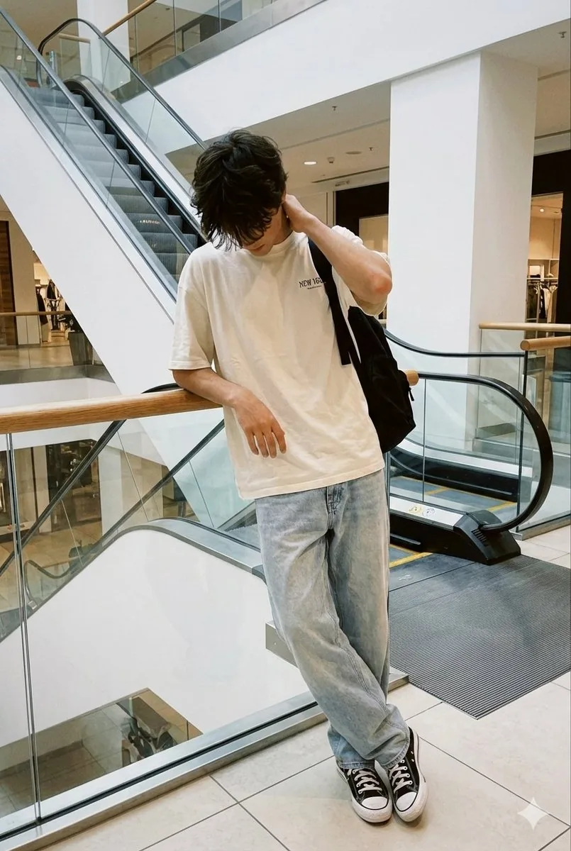 Realistic candid smartphone photo of a subject standing by an escalator in a mall - Nano Banana Pro AI Prompt for Social Media Post reference