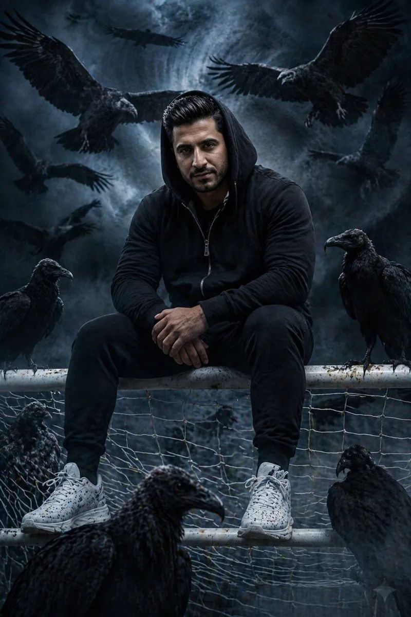 Cinematic South Asian Male Portrait with Vultures reference