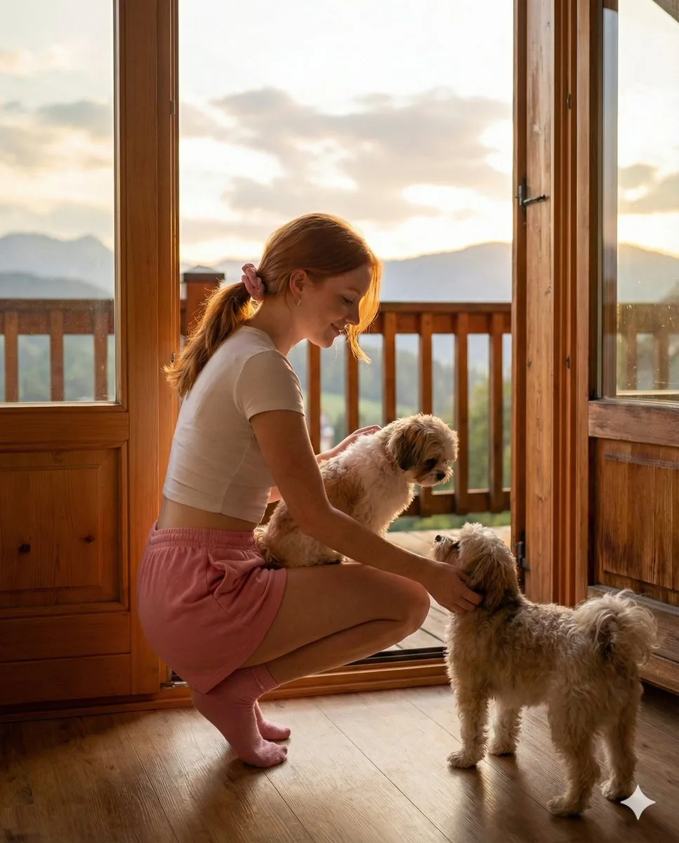 Golden Hour Cabin Portrait with Puppies Prompt - Nano Banana Pro AI Prompt for Social Media Post reference