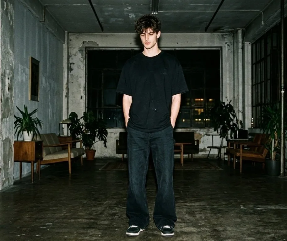 Hyper-realistic Nighttime Fashion Photograph with On-Camera Flash reference