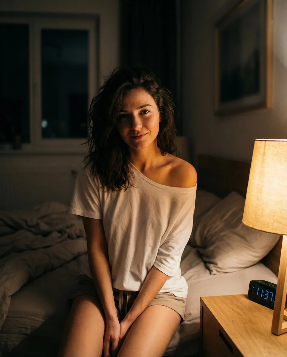 Intimate Nighttime Bedroom Portrait (iPhone Style) - Nano Banana Pro AI Prompt for Social Media Post reference