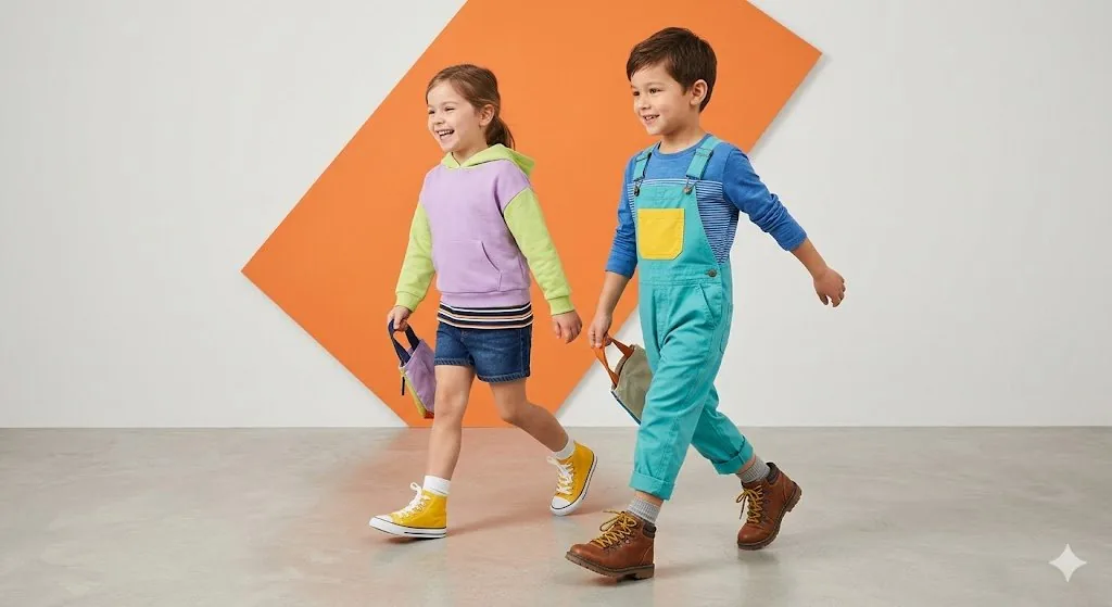 Kids' Fashion Editorial Photography with Geometric Background reference