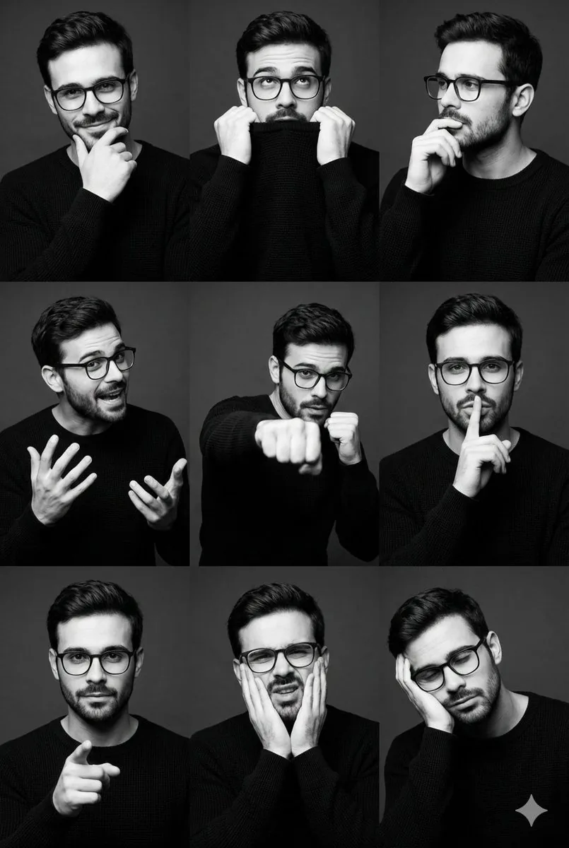 Black and White Male Editorial Portrait Collage JSON Prompt - Nano Banana Pro AI Prompt for Profile / Avatar reference