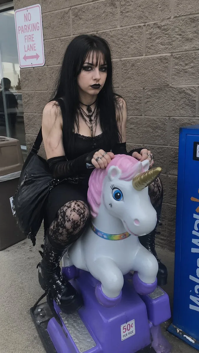 Goth Girl on Unicorn Ride reference