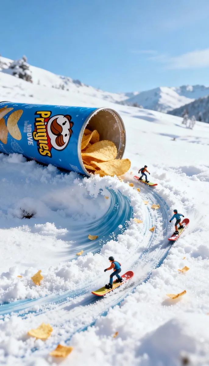 Video prompt for surreal miniature Pringles can snowboard scene - Nano Banana Pro AI Prompt for Product Marketing reference