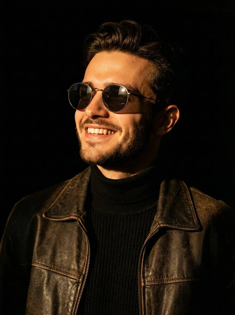 Portrait photo prompt for a man with dramatic side-lighting and specific clothing details reference
