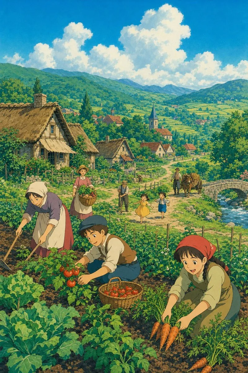 Ghibli Style Pastoral Village reference