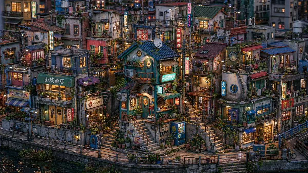 Miniature Japanese Canal Town at Dusk reference