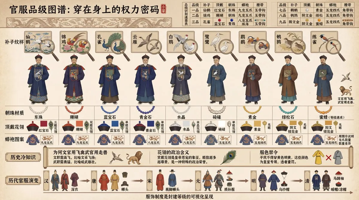 Visual Infographic of Ancient Chinese Official Ranks and Attire reference
