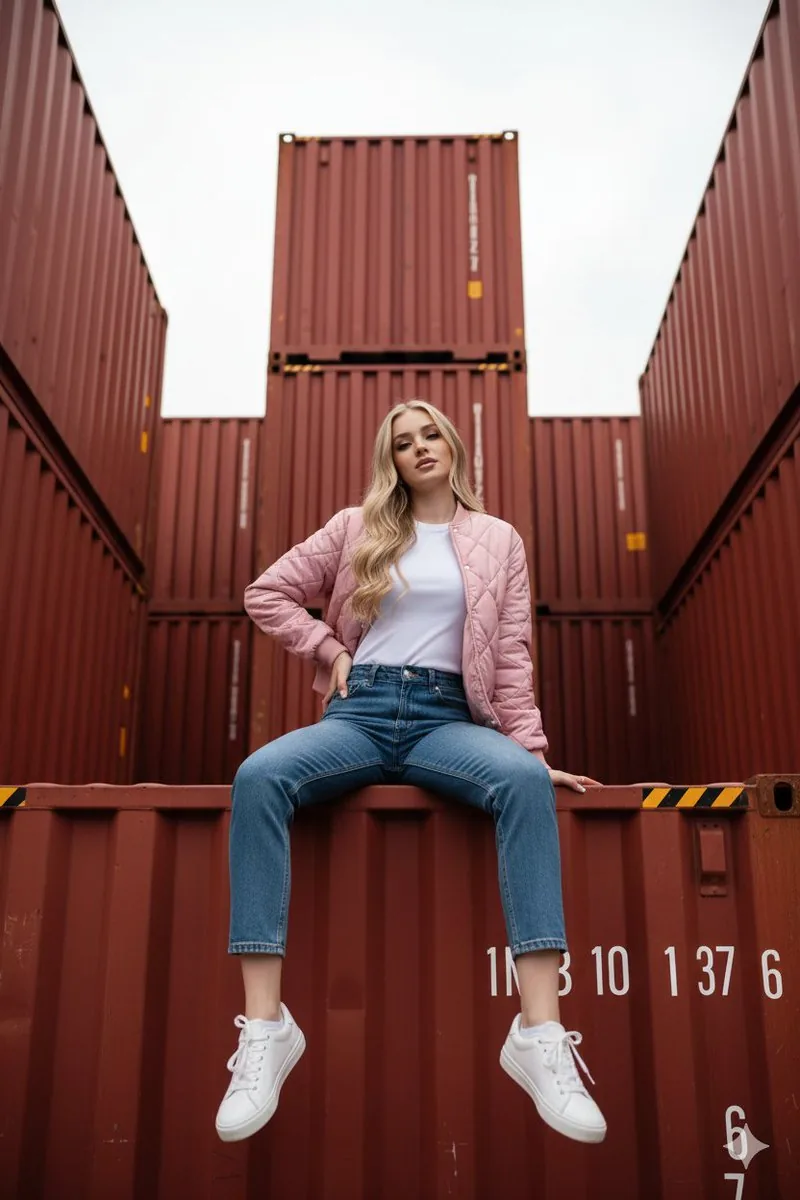 Industrial Streetwear Fashion Shoot on Shipping Container - Nano Banana Pro AI Prompt for Social Media Post reference