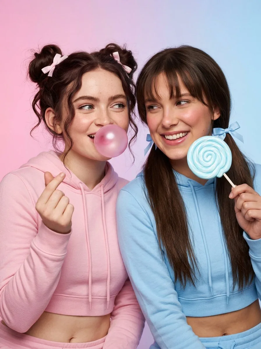 Playful Pastel Studio Portrait of Sadie Sink and Millie Bobby Brown - Nano Banana Pro AI Prompt for Social Media Post reference