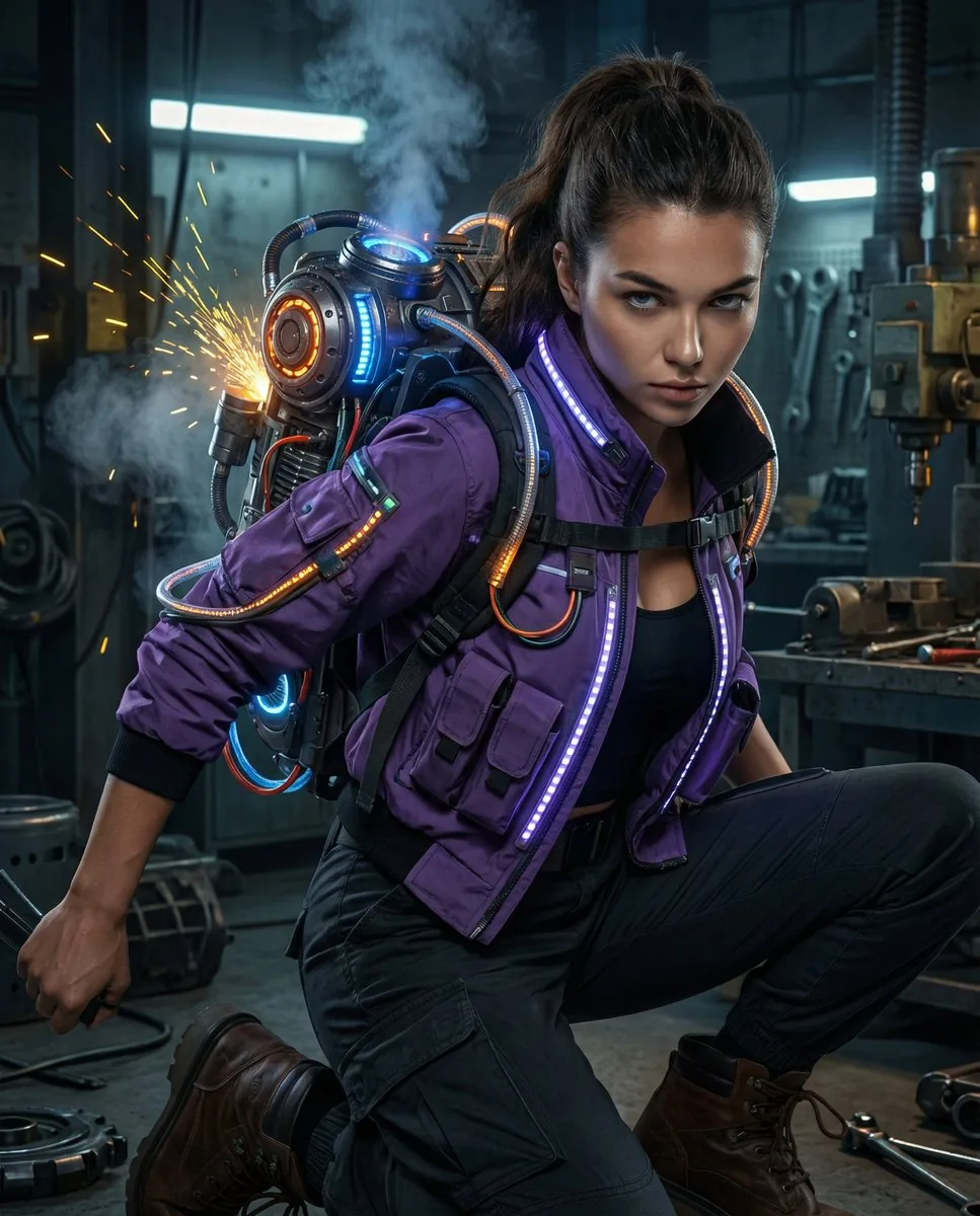 Cyberpunk Mechanic with Massive Exosuit Backpack - Nano Banana Pro AI Prompt for Product Marketing reference