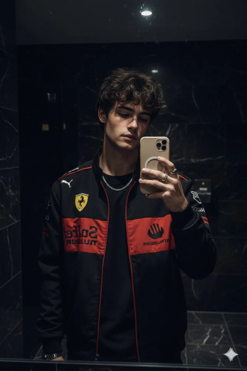 Cinematic Mirror Selfie in Dark Modern Bathroom reference
