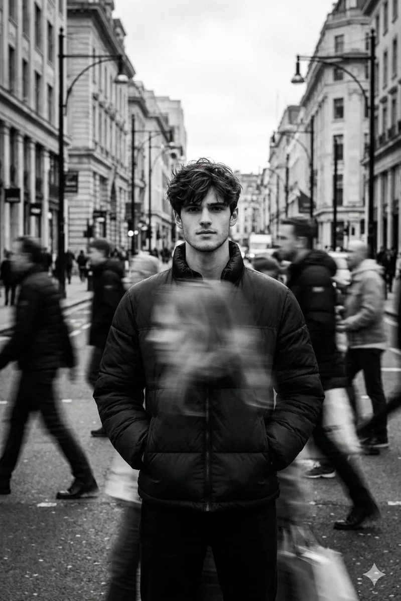 Black and White Cinematic Street Portrait with Motion Blur - Nano Banana Pro AI Prompt for Social Media Post reference