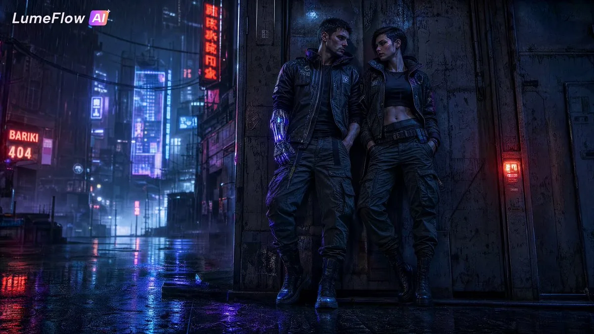 Cyberpunk Couple in Rainy City reference