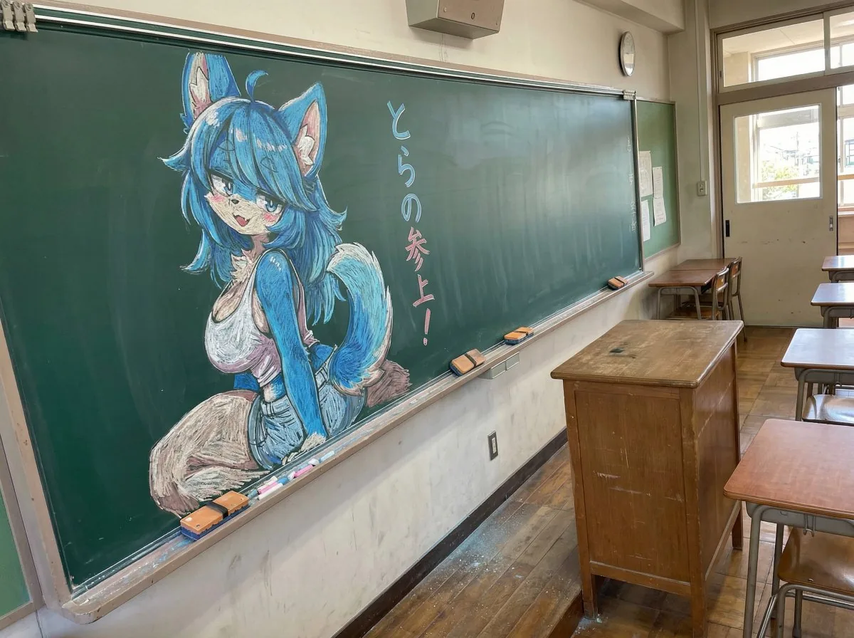 Chalk drawing of an illustration on a classroom blackboard reference