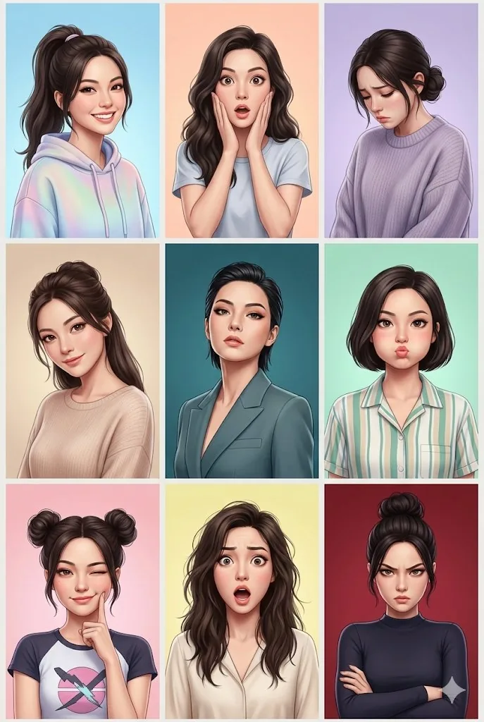 3x3 Grid Collage of Emotions in 3D Cartoon Style - Nano Banana Pro AI Prompt for Profile / Avatar reference