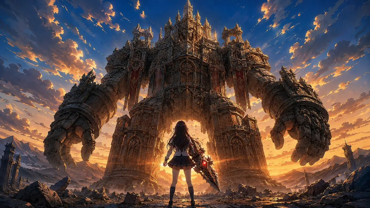 Schoolgirl Facing Cathedral Golem reference