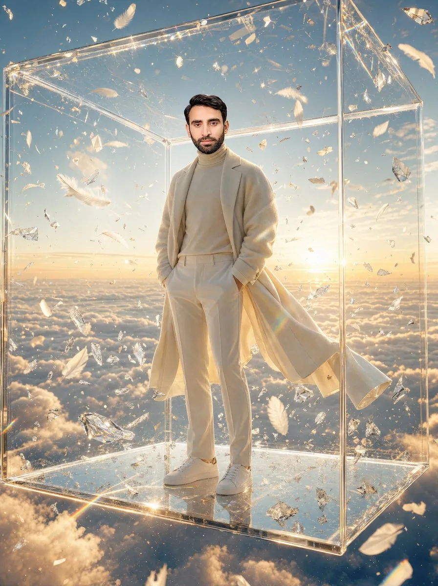 Man in Glass Cube Above Clouds reference