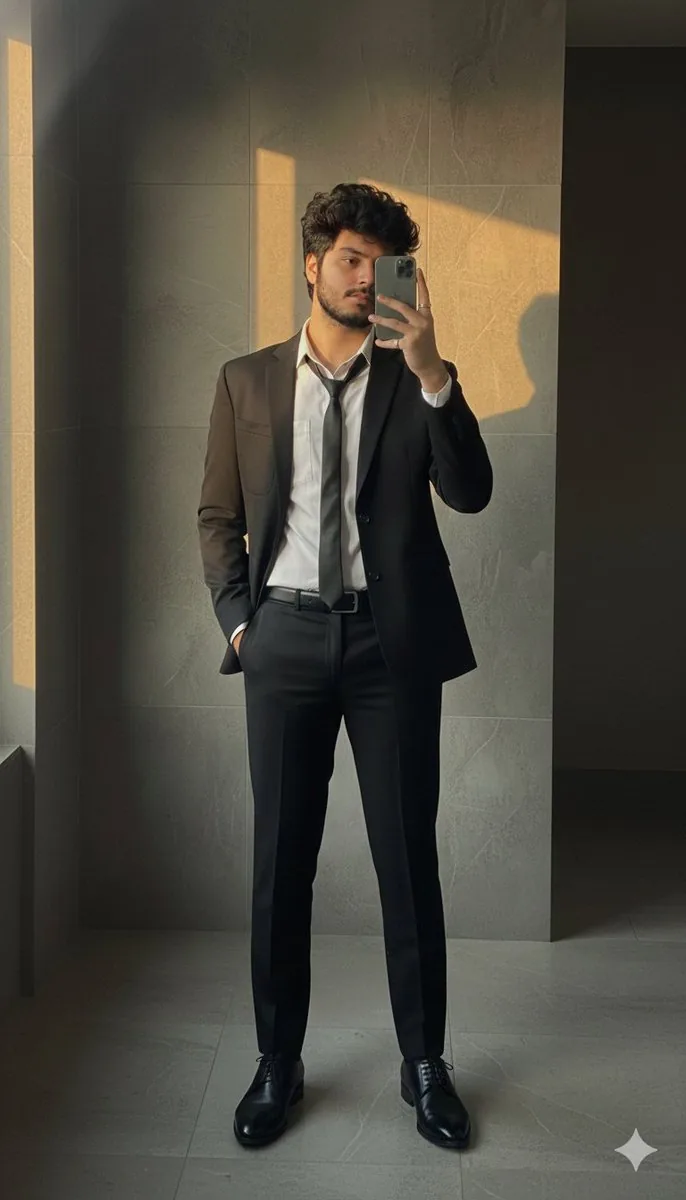 Formal Suit Mirror Selfie with Face Reference Prompt reference