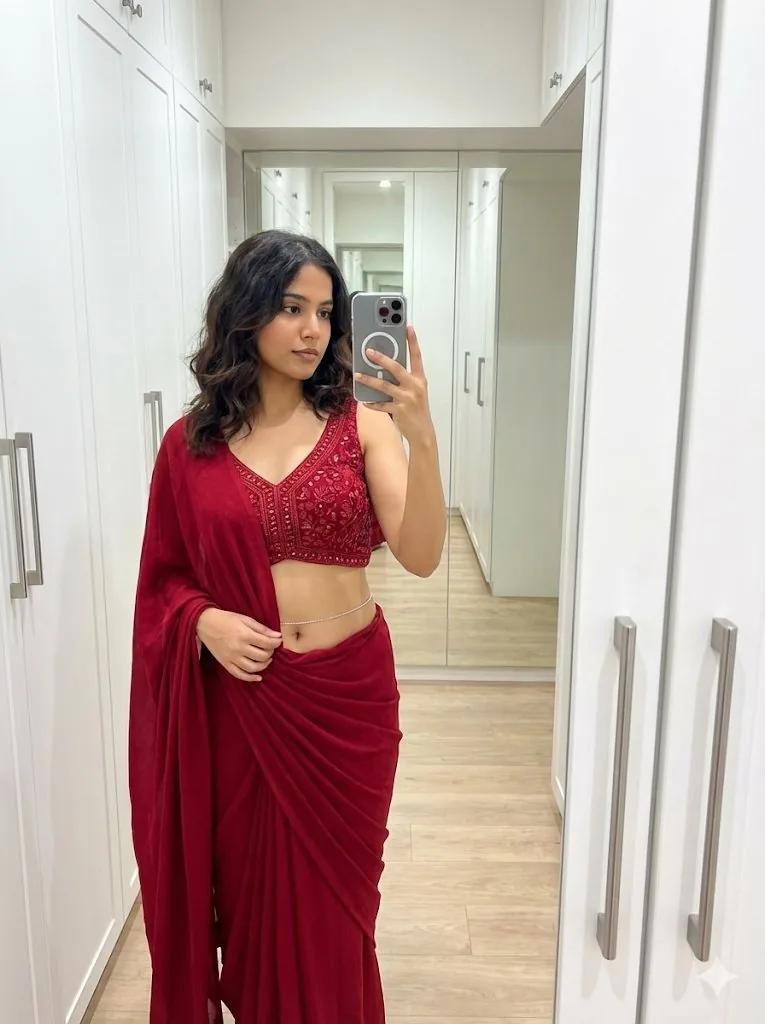 Mirror Selfie in Modern Saree Prompt - Nano Banana Pro AI Prompt for Social Media Post reference