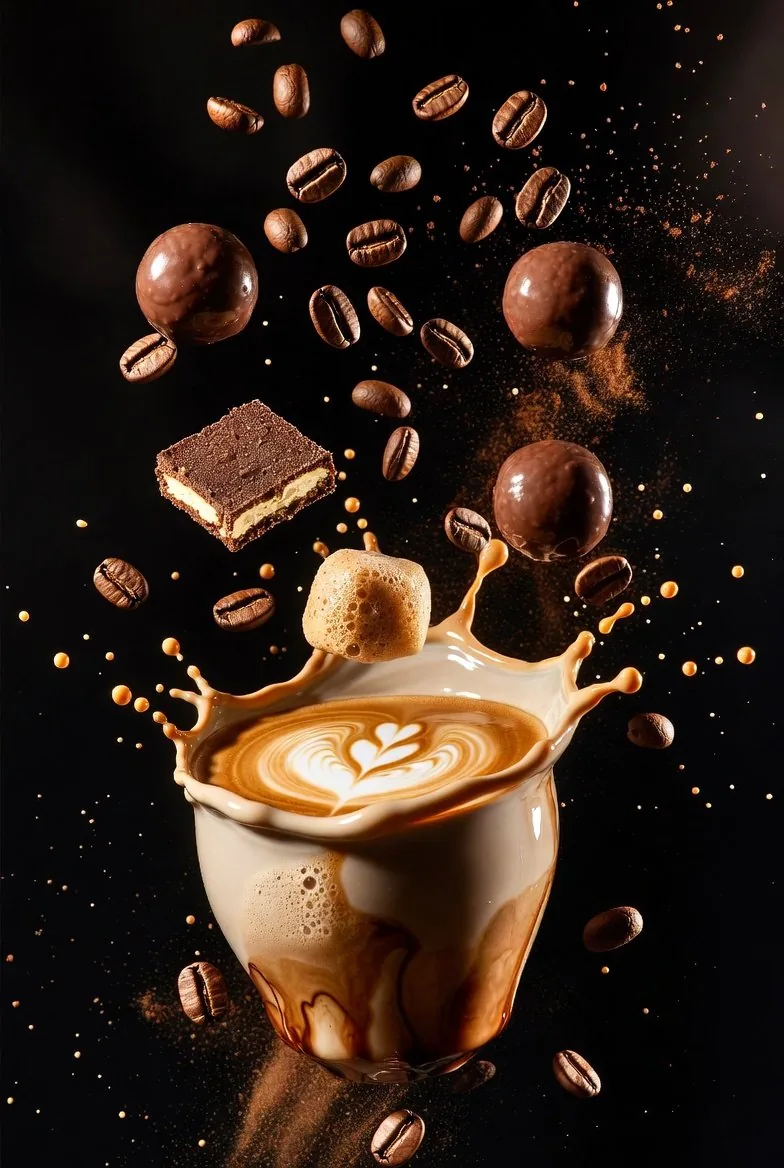 Ultra-Cinematic Splash Photography of Coffee and Chocolate - Nano Banana Pro AI Prompt for Product Marketing reference