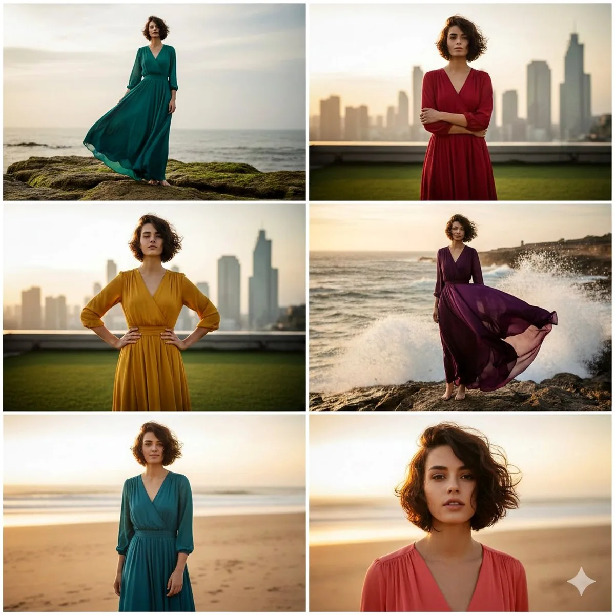 3x2 Collage of Woman in Flowing Dresses - Nano Banana Pro AI Prompt for Social Media Post reference