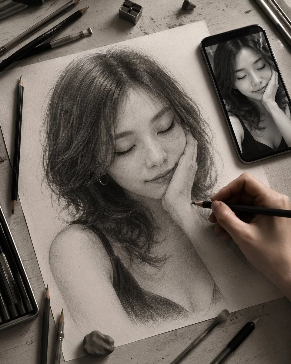 Late-Night Graphite Portrait Workspace reference
