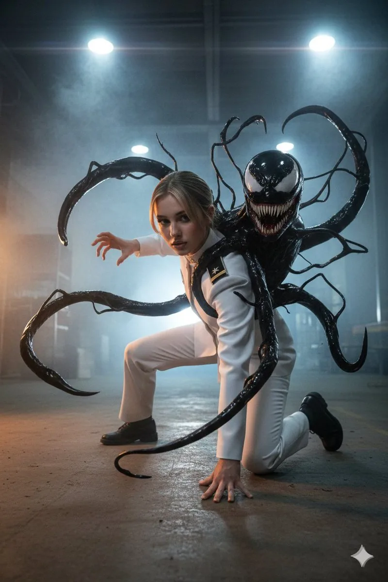 Dark Sci-Fi Action Scene with Venom-like Symbiote - Nano Banana Pro AI Prompt for Game Asset reference