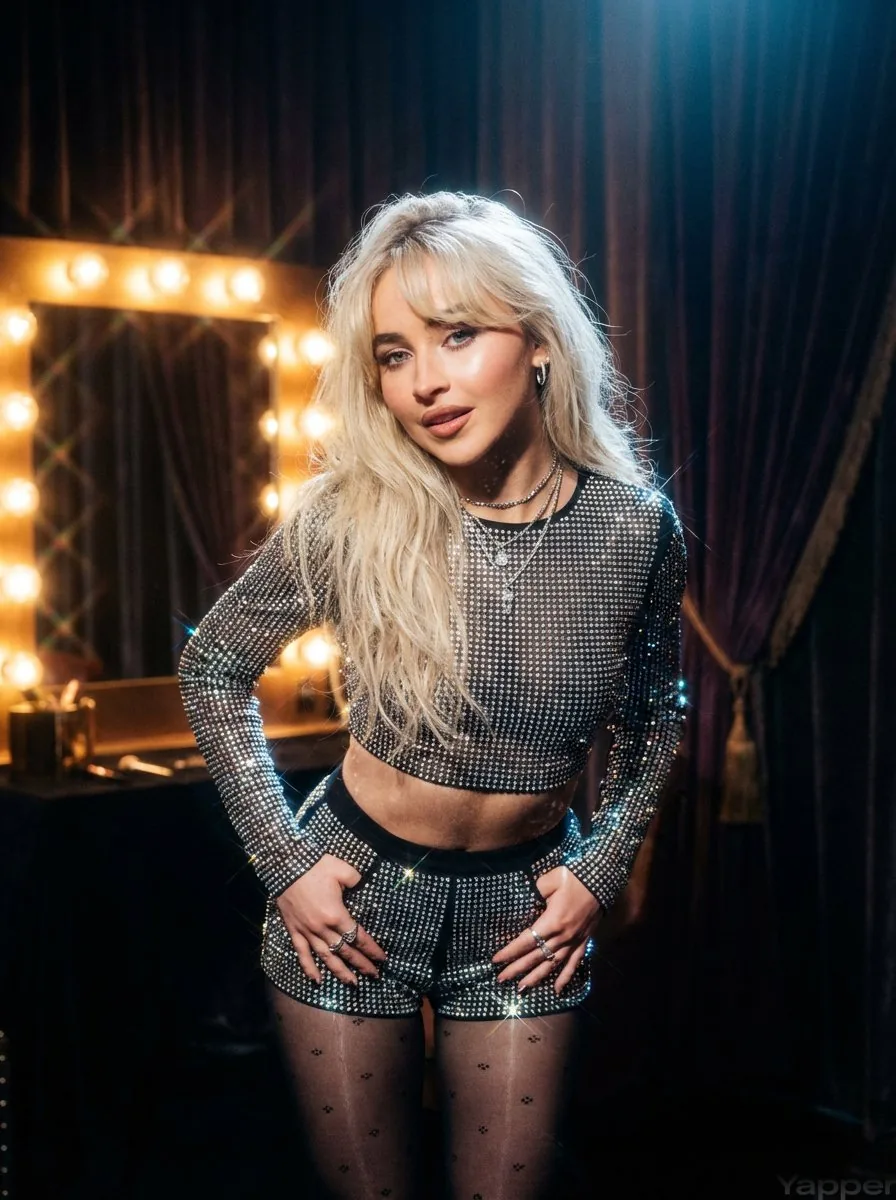 Sabrina Carpenter Pop Star Stage Glam Portrait - Nano Banana Pro AI Prompt for Product Marketing reference