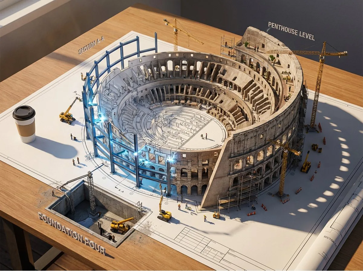 Epic 3D Architectural Blueprint Awakening Scene reference