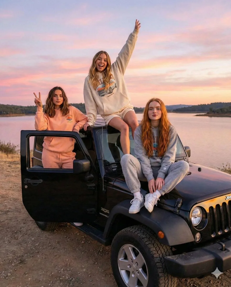 Road Trip Aesthetic with Three Subjects and Jeep - Nano Banana Pro AI Prompt for Social Media Post reference