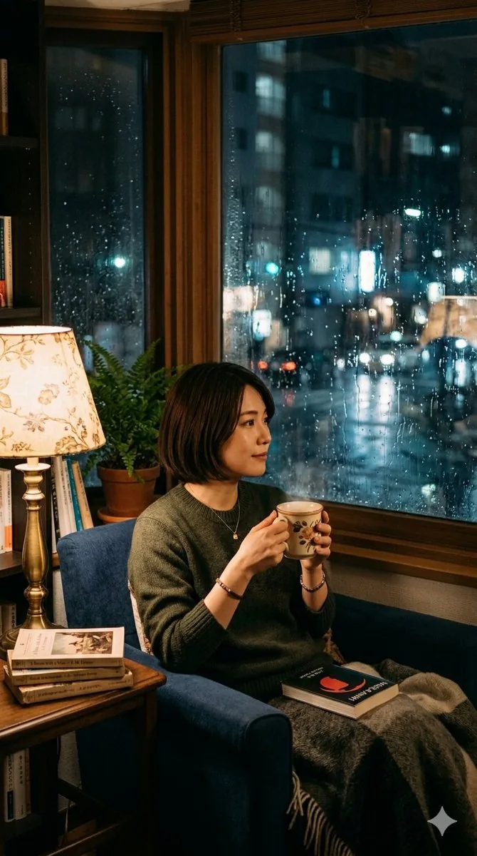 Cozy Rainy Night Indoor Portrait reference