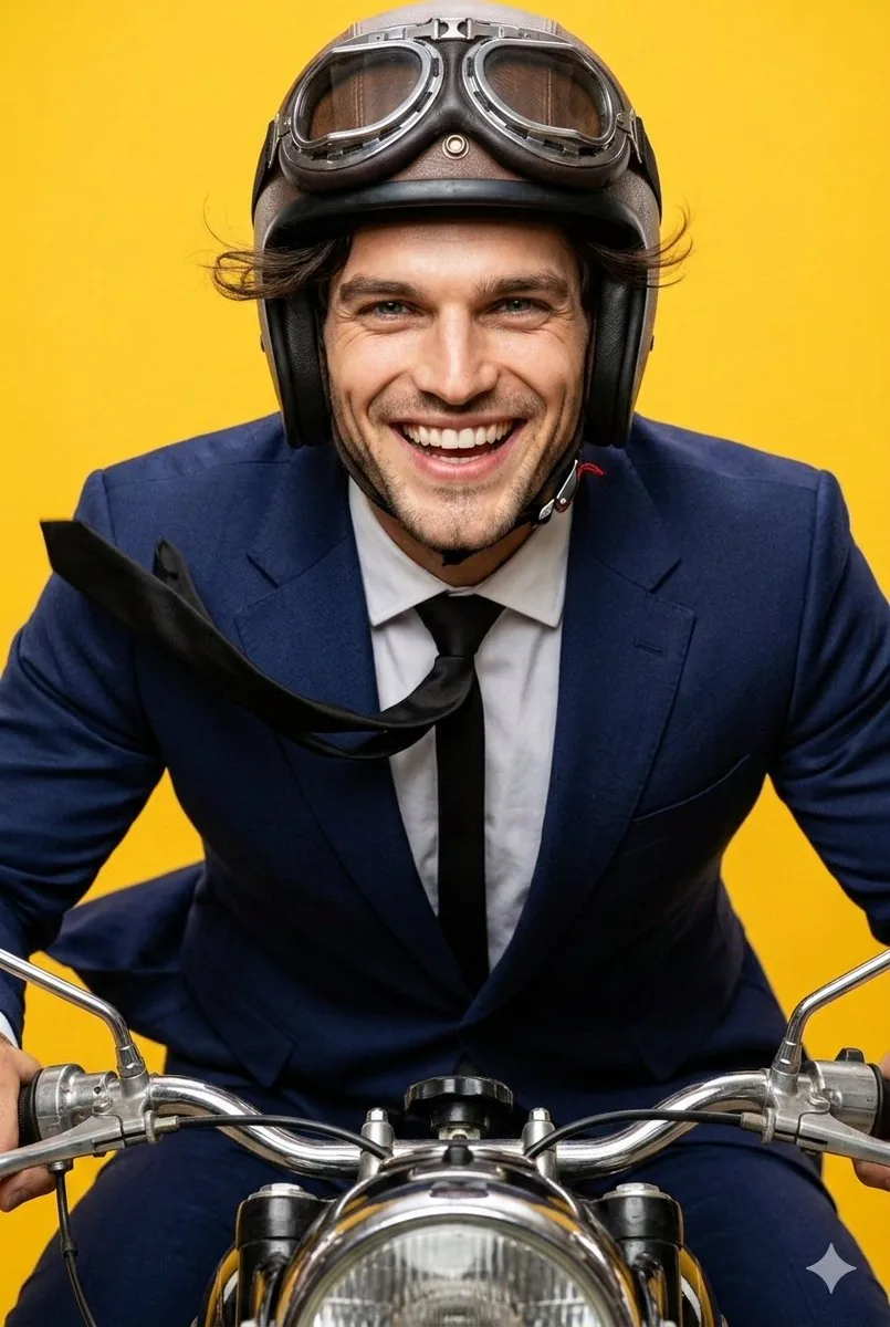 Dynamic Motorcycle Rider Portrait on Yellow Background reference