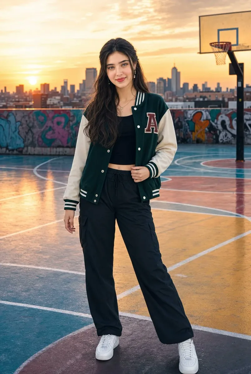 Urban Rooftop Varsity Jacket Portrait reference