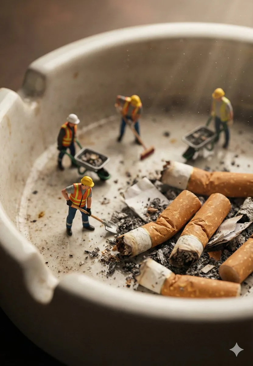 Macro Photography of Miniature Workers Cleaning Ashtray reference