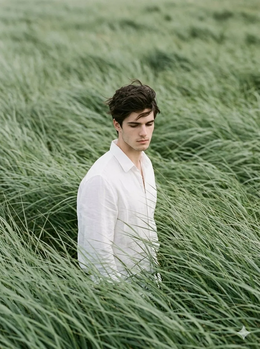 Cinematic Editorial Portrait in Sage Green Grass Fields - Nano Banana Pro AI Prompt for Social Media Post reference