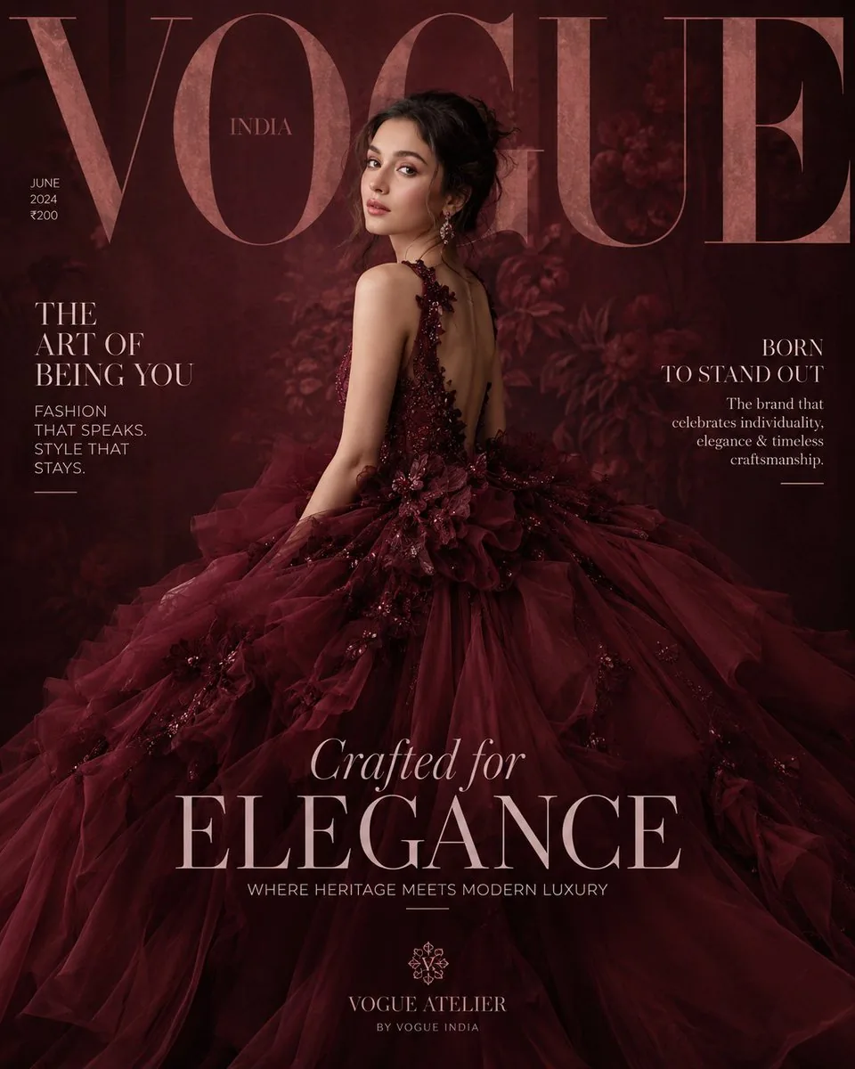 Maroon Dress Fashion Magazine Cover reference