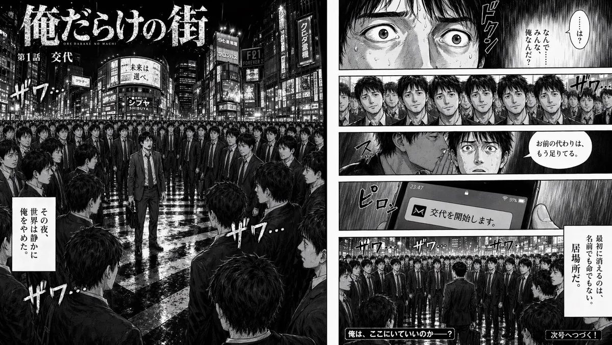Two-Page Psychological Thriller Manga Spread reference