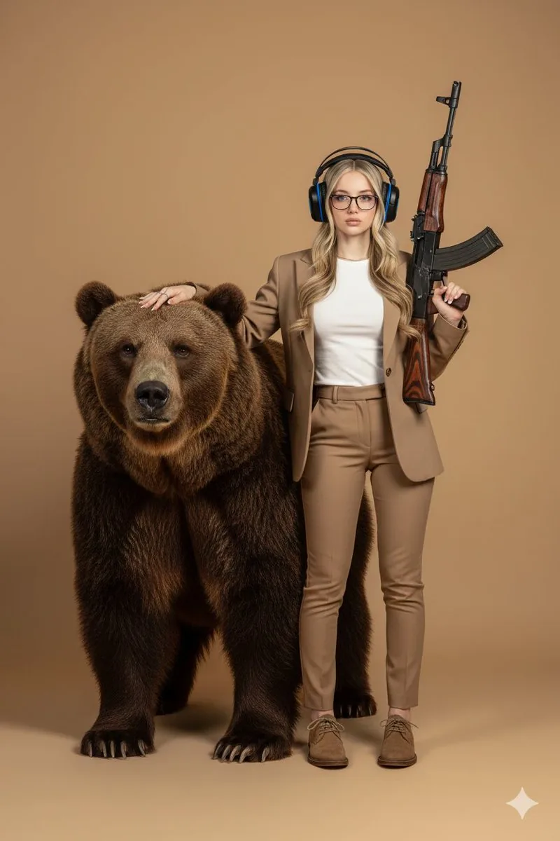 Surreal Studio Portrait with Grizzly Bear and Rifle - Nano Banana Pro AI Prompt for Social Media Post reference