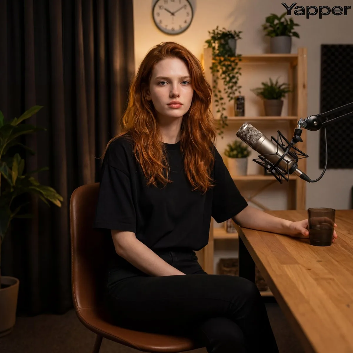 Photorealistic Portrait in a Warm Recording Studio reference