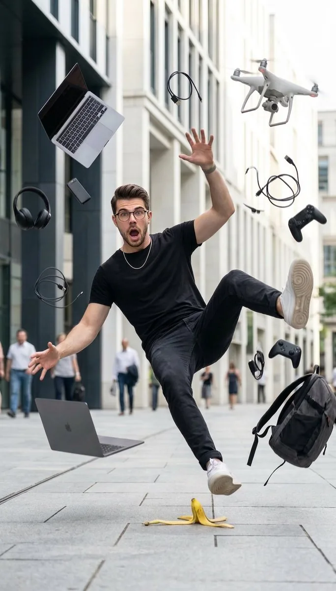Cinematic Street Photography of Man Slipping on Banana Peel reference