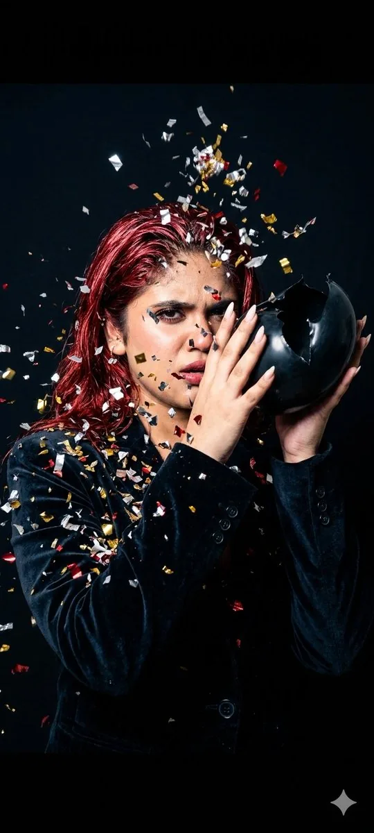 Fashion Editorial Balloon Explosion Portrait - Nano Banana Pro AI Prompt for Product Marketing reference