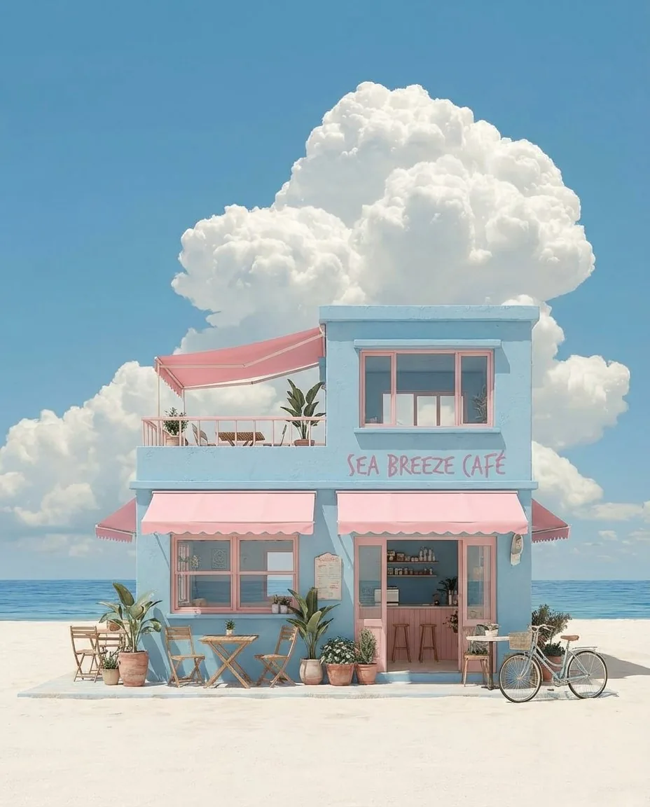 Pastel Coastal Building with Dramatic Cumulus Cloud Prompt - Nano Banana Pro AI Prompt for Social Media Post reference