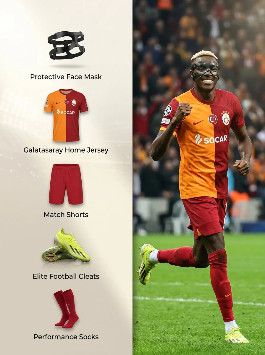 Sports Equipment Infographic Layout of Victor Osimhen - Nano Banana Pro AI Prompt for Infographic / Edu Visual reference